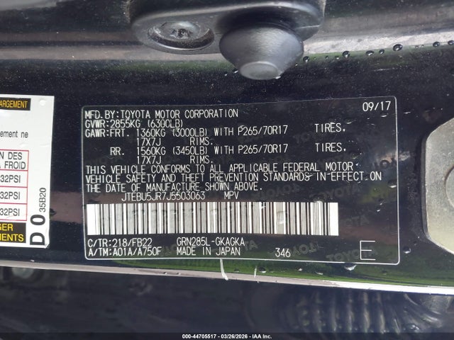 Продажа на аукционе авто 2018 Toyota 4runner Sr5, vin: JTEBU5JR7J5503063, номер лота: 44705517