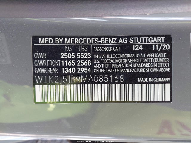Aukcja sprzedaży 2021 Mercedes-benz Cls 450, vin: W1K2J5JB9MA085168, numer aukcji: 44705532