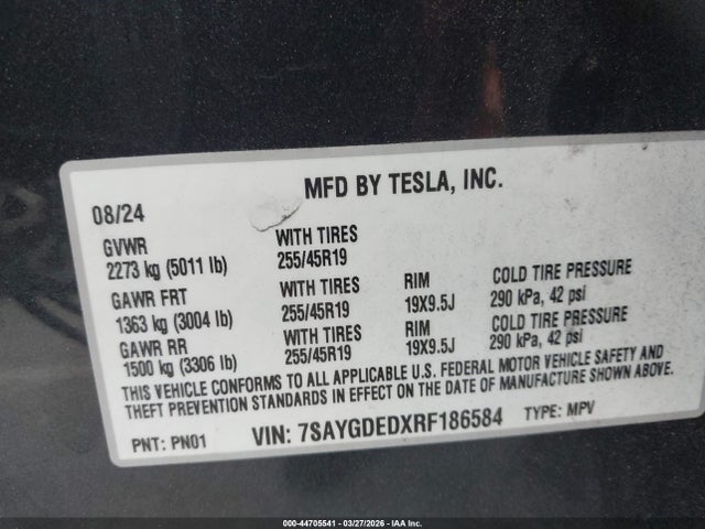 Aukcja sprzedaży 2024 Tesla Model Y Long Range Single Motor Rear-wheel Drive/rwd, vin: 7SAYGDEDXRF186584, numer aukcji: 44705541
