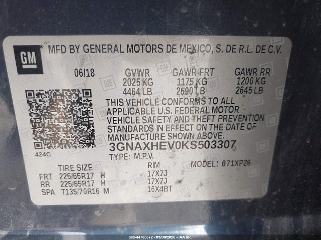 Aukcja sprzedaży 2019 Chevrolet Equinox Ls, vin: 3GNAXHEV0KS503307, numer aukcji: 44705572