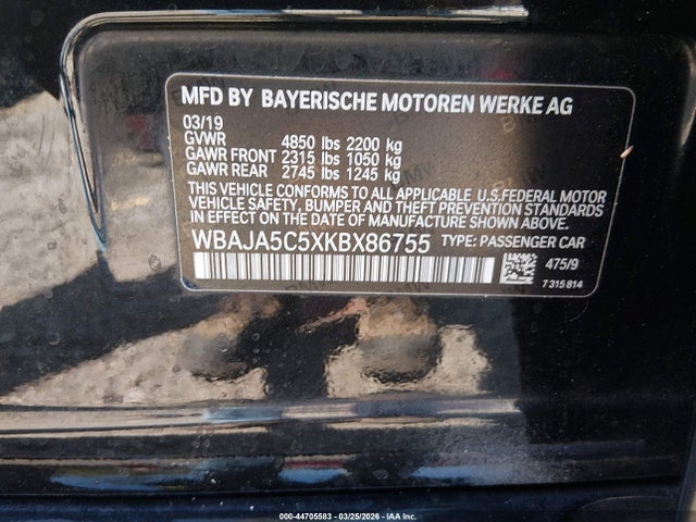 Продаж на аукціоні авто 2019 Bmw 530i, vin: WBAJA5C5XKBX86755, номер лоту: 44705583