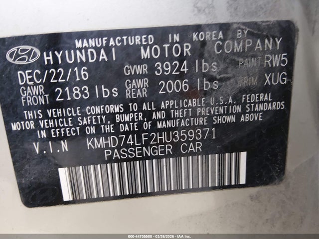 Продаж на аукціоні авто 2017 Hyundai Elantra Se, vin: KMHD74LF2HU359371, номер лоту: 44705588