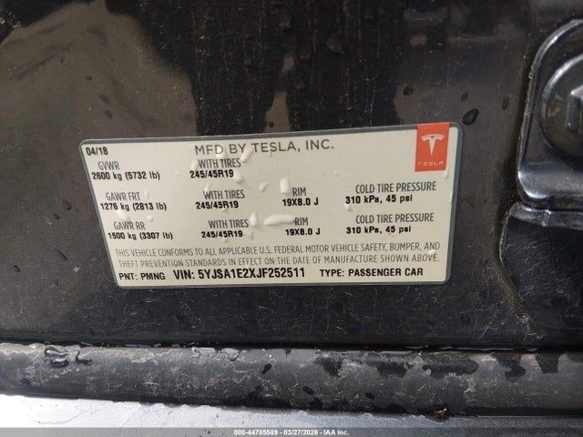 Aukcja sprzedaży 2018 Tesla Model S 100d/75d/p100d, vin: 5YJSA1E2XJF252511, numer aukcji: 44705589