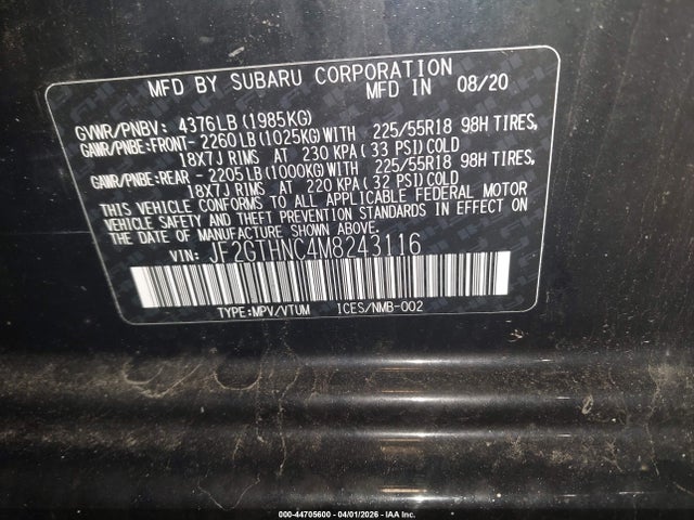 Продажа на аукционе авто 2021 Subaru Crosstrek Limited, vin: JF2GTHNC4M8243116, номер лота: 44705600
