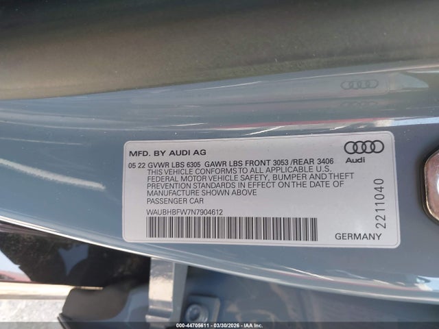 Продаж на аукціоні авто 2022 Audi Rs E-tron Gt Quattro, vin: WAUBHBFW7N7904612, номер лоту: 44705611