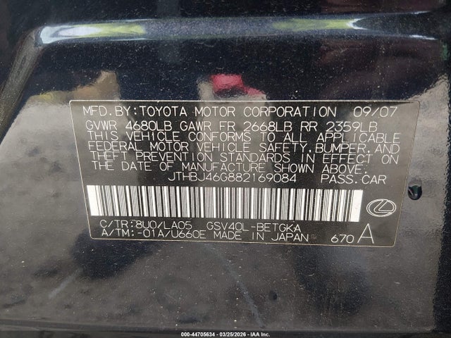 Aukcja sprzedaży 2008 Lexus Es 350, vin: JTHBJ46G882169084, numer aukcji: 44705634