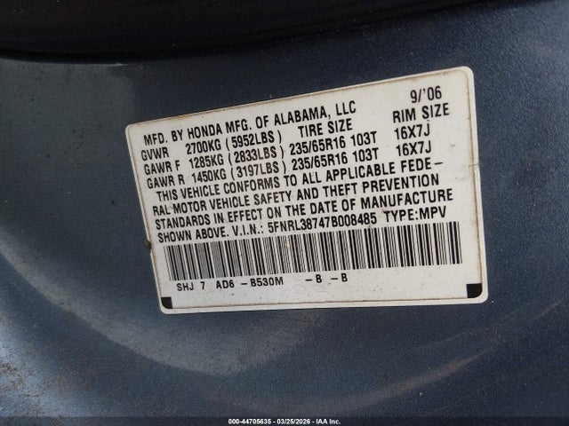 Продажа на аукционе авто 2007 Honda Odyssey Ex-l, vin: 5FNRL38747B008485, номер лота: 44705635
