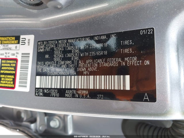Aukcja sprzedaży 2022 Toyota Highlander Hybrid Xle, vin: 5TDGBRCH8NS081994, numer aukcji: 44705639