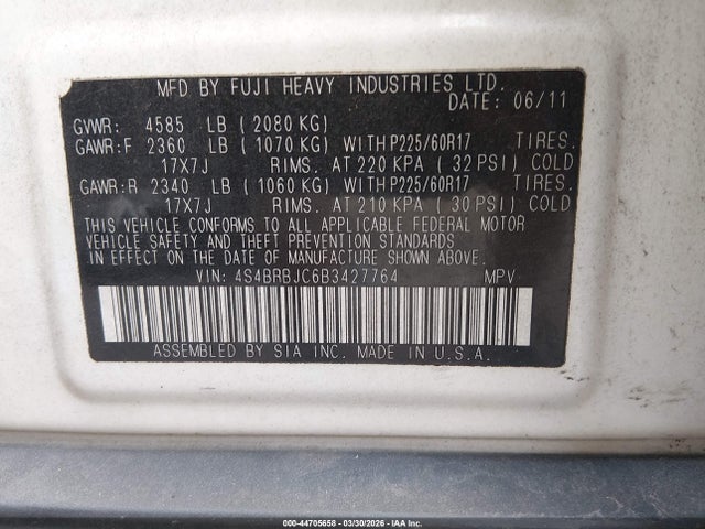 Aukcja sprzedaży 2011 Subaru Outback 2.5i Limited, vin: 4S4BRBJC6B3427764, numer aukcji: 44705658