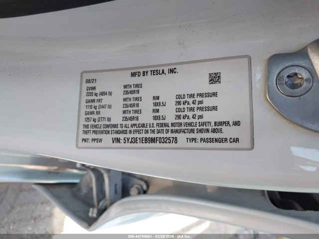 Aukcja sprzedaży 2021 Tesla Model 3 Long Range Dual Motor All-wheel Drive, vin: 5YJ3E1EB9MF032578, numer aukcji: 44705661