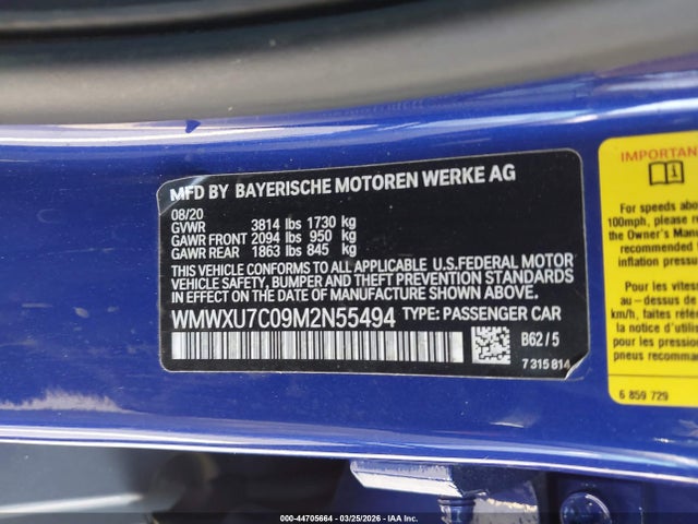 Aukcja sprzedaży 2021 Mini Hardtop Oxford Edition, vin: WMWXU7C09M2N55494, numer aukcji: 44705664