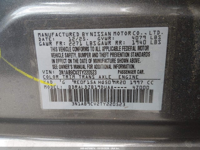 Aukcja sprzedaży 2026 Nissan Sentra Sv, vin: 3N1AB9CV2TY220523, numer aukcji: 44705674