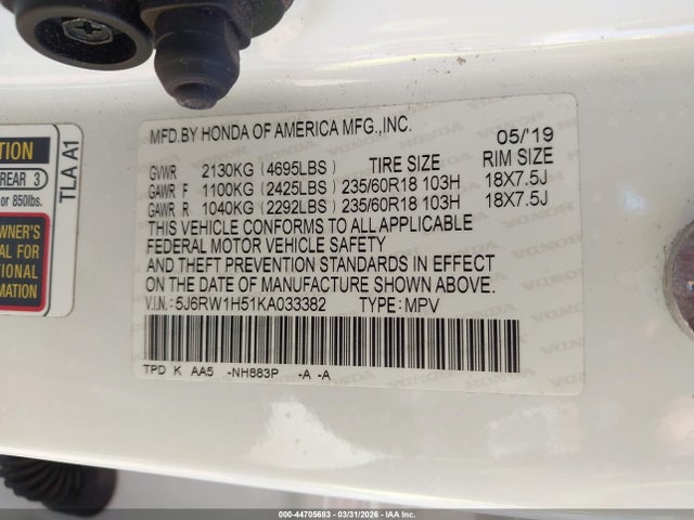 Aukcja sprzedaży 2019 Honda Cr-v Ex, vin: 5J6RW1H51KA033382, numer aukcji: 44705683