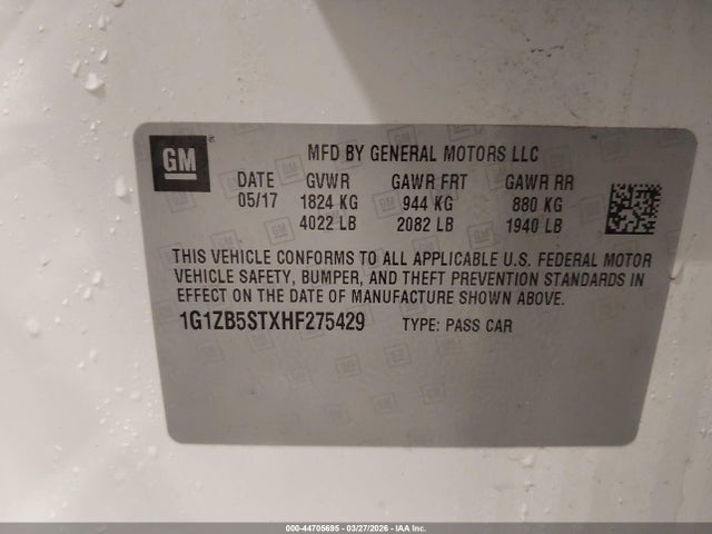 Aukcja sprzedaży 2017 Chevrolet Malibu Ls, vin: 1G1ZB5STXHF275429, numer aukcji: 44705695