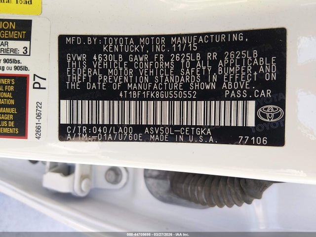 Toyota CAMRY XLE 2016 4T1BF1FK8GU550552 Image 9