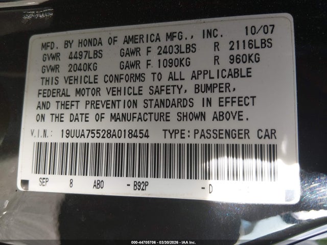 2008 Acura Tl Type S მანქანა იყიდება აუქციონზე, vin: 19UUA75528A018454, აუქციონის ნომერი: 44705706