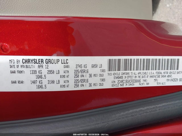 44705728 :رقم المزاد ، 2C4RC1BG0CR338006 vin ، 2012 Chrysler Town & Country Touring مزاد بيع