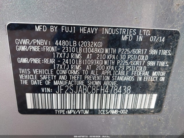 Subaru Forester 2.5i 2015 JF2SJABC8FH478438 Image 9