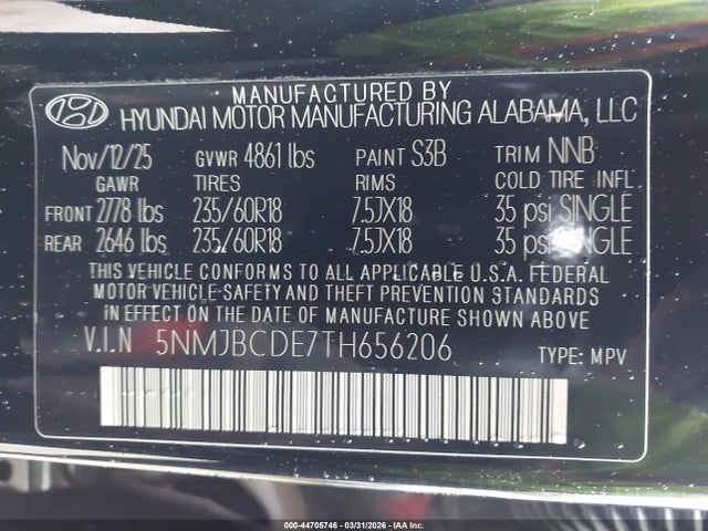 Продажа на аукционе авто 2026 Hyundai Tucson Sel, vin: 5NMJBCDE7TH656206, номер лота: 44705746