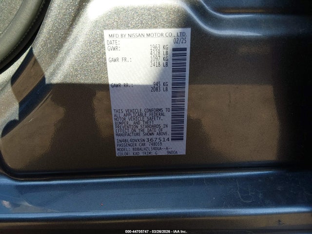 Продаж на аукціоні авто 2025 Nissan Altima Sv Fwd, vin: 1N4BL4DVXSN367514, номер лоту: 44705747