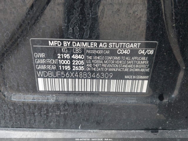Aukcja sprzedaży 2008 Mercedes-benz E 350, vin: WDBUF56X48B346309, numer aukcji: 44705755