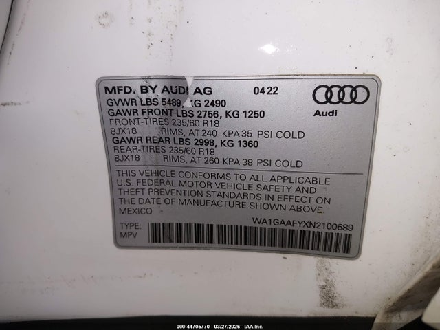 2022 Audi Q5 Premium 45 Tfsi S Line Quattro S Tronic მანქანა იყიდება აუქციონზე, vin: WA1GAAFYXN2100689, აუქციონის ნომერი: 44705770
