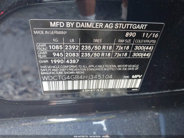 44705779 :رقم المزاد ، WDCTG4GB4HJ345104 vin ، 2017 Mercedes-benz Gla 250 4matic مزاد بيع