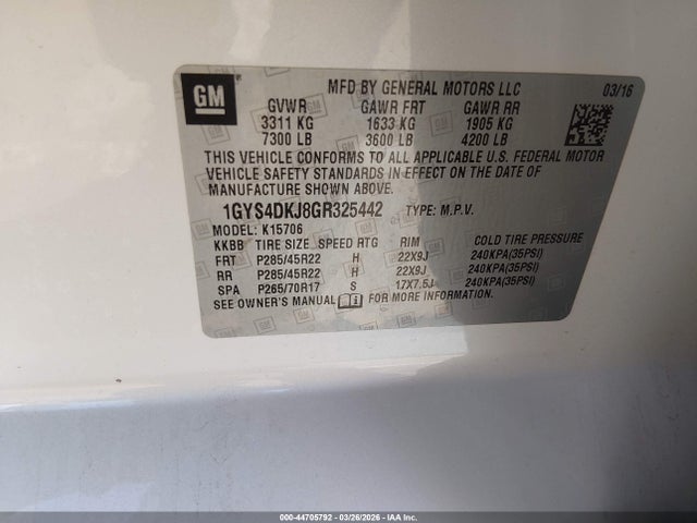 2016 Cadillac Escalade Platinum მანქანა იყიდება აუქციონზე, vin: 1GYS4DKJ8GR325442, აუქციონის ნომერი: 44705792