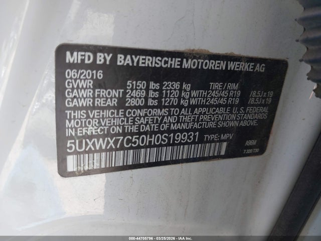 Aukcja sprzedaży 2017 Bmw X3 Xdrive35i, vin: 5UXWX7C50H0S19931, numer aukcji: 44705796