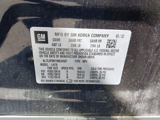 Aukcja sprzedaży 2022 Chevrolet Trax Awd Lt, vin: KL7CJPSM1NB534507, numer aukcji: 44705798