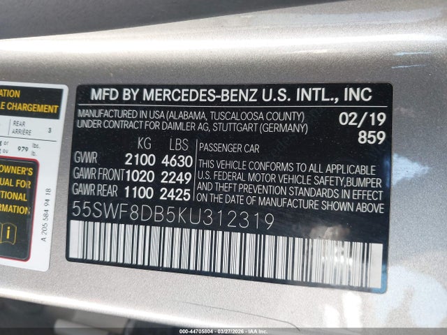 Продажа на аукционе авто 2019 Mercedes-benz C 300, vin: 55SWF8DB5KU312319, номер лота: 44705804