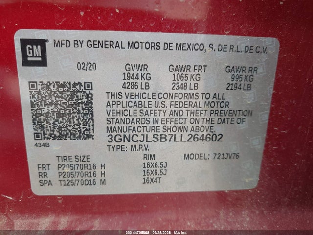 Aukcja sprzedaży 2020 Chevrolet Trax Fwd Lt, vin: 3GNCJLSB7LL264602, numer aukcji: 44705808