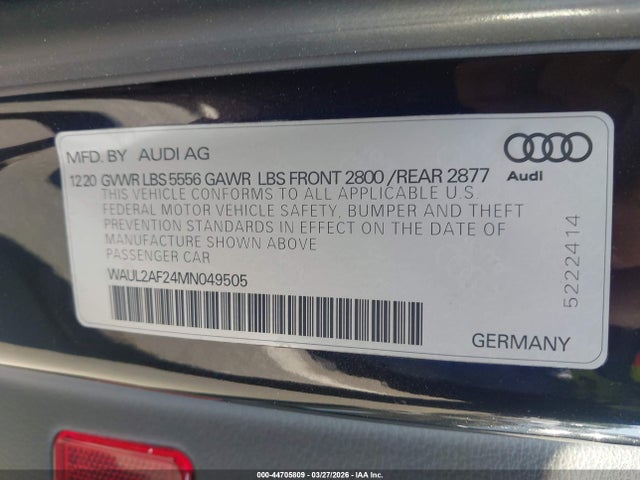 44705809 :رقم المزاد ، WAUL2AF24MN049505 vin ، 2021 Audi A6 Premium Plus 55 Tfsi Quattro S Tronic مزاد بيع