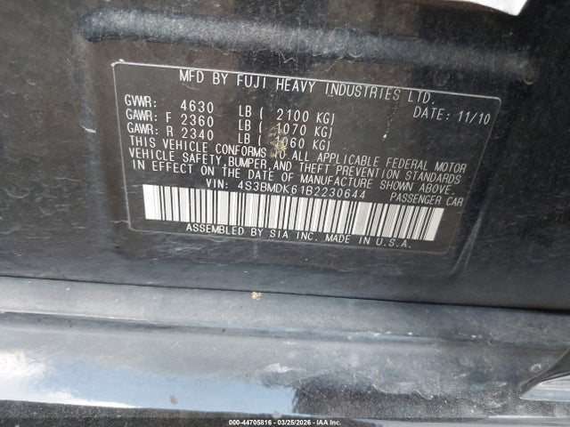 44705816 :رقم المزاد ، 4S3BMDK61B2230644 vin ، 2011 Subaru Legacy 3.6r Limited مزاد بيع