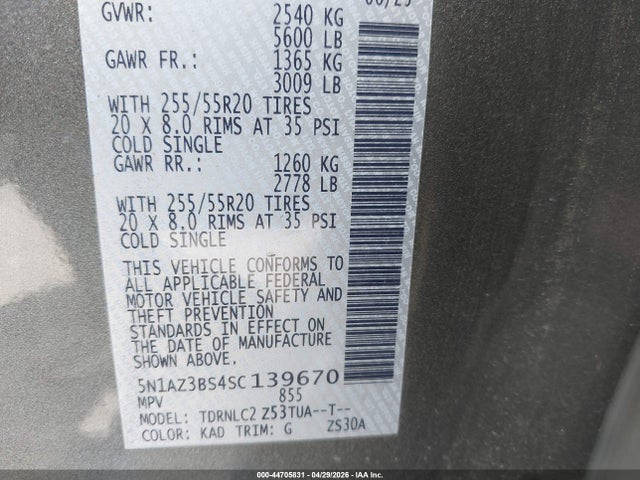 Aukcja sprzedaży 2025 Nissan Murano Sv, vin: 5N1AZ3BS4SC139670, numer aukcji: 44705831
