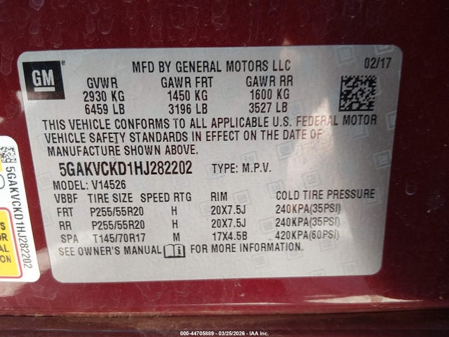 44705889 :رقم المزاد ، 5GAKVCKD1HJ282202 vin ، 2017 Buick Enclave Premium مزاد بيع