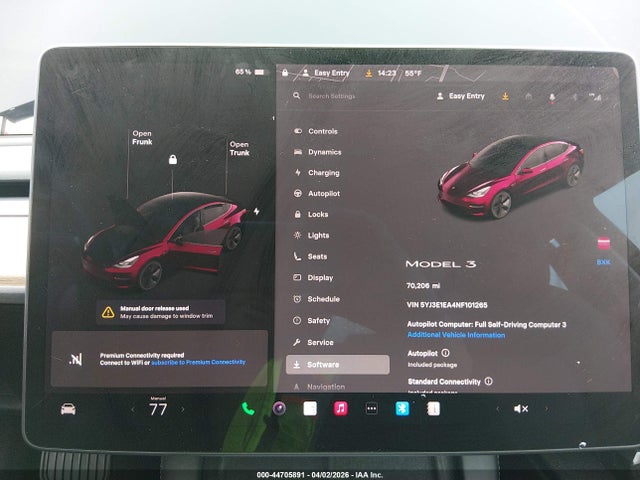 44705891 :رقم المزاد ، 5YJ3E1EA4NF101265 vin ، 2022 Tesla Model 3 Rear-wheel Drive مزاد بيع