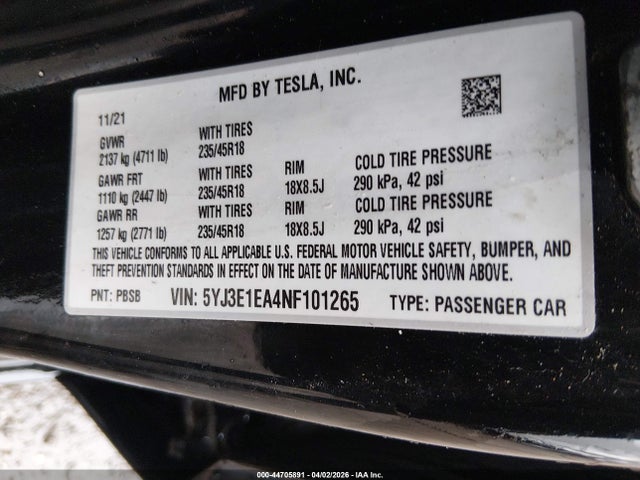44705891 :رقم المزاد ، 5YJ3E1EA4NF101265 vin ، 2022 Tesla Model 3 Rear-wheel Drive مزاد بيع