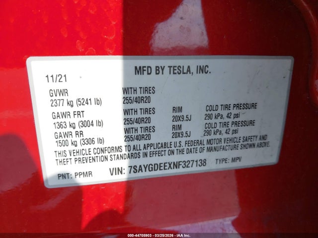 2022 Tesla Model Y Long Range Dual Motor All-wheel Drive მანქანა იყიდება აუქციონზე, vin: 7SAYGDEEXNF327138, აუქციონის ნომერი: 44705903