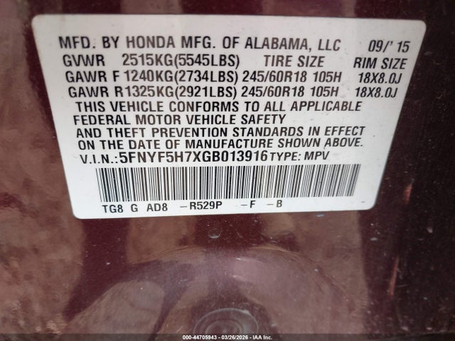 Продаж на аукціоні авто 2016 Honda Pilot Ex-l, vin: 5FNYF5H7XGB013916, номер лоту: 44705943