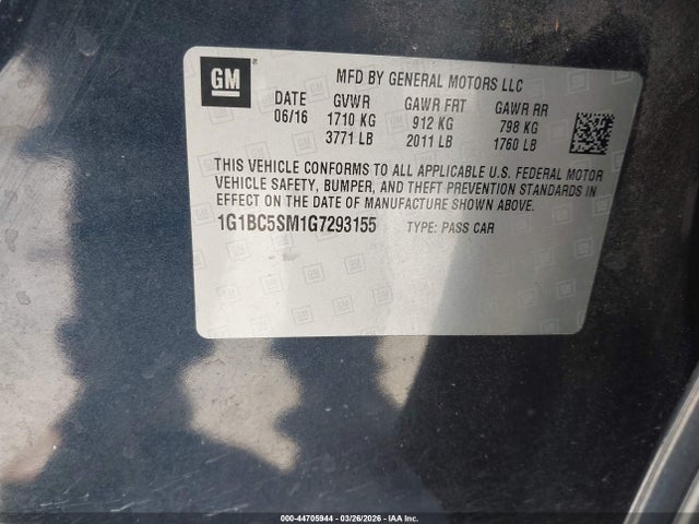 Aukcja sprzedaży 2016 Chevrolet Cruze Ls Auto, vin: 1G1BC5SM1G7293155, numer aukcji: 44705944
