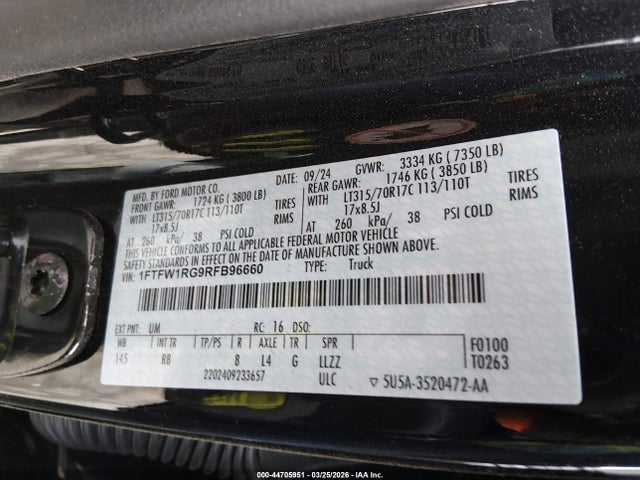 44705951 :رقم المزاد ، 1FTFW1RG9RFB96660 vin ، 2024 Ford F-150 Raptor مزاد بيع