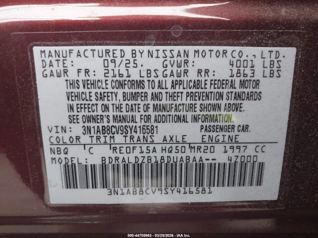 Aukcja sprzedaży 2025 Nissan Sentra Sv, vin: 3N1AB8CV9SY416581, numer aukcji: 44705963
