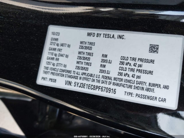 Aukcja sprzedaży 2023 Tesla Model 3 Performance Dual Motor All-wheel Drive, vin: 5YJ3E1EC8PF670916, numer aukcji: 44705991