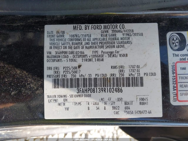 44705997 :رقم المزاد ، 3FAHP08139R102486 vin ، 2009 Ford Fusion Sel مزاد بيع
