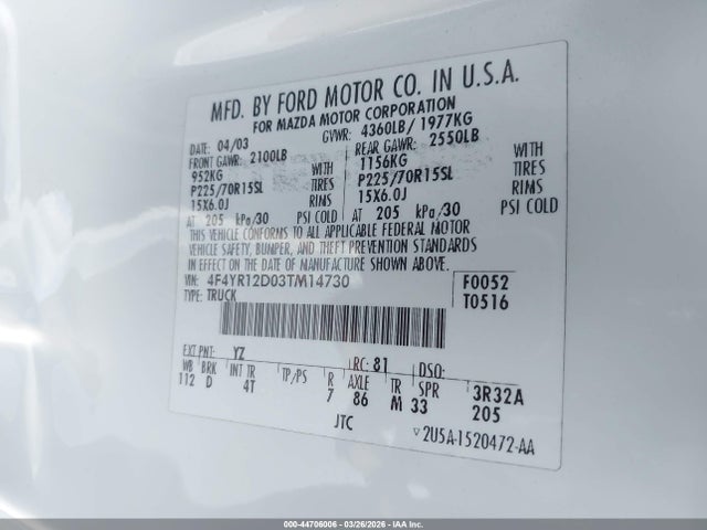 Aukcja sprzedaży 2003 Mazda B2300, vin: 4F4YR12D03TM14730, numer aukcji: 44706006