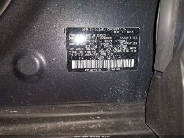 2026 Subaru Outback Premium მანქანა იყიდება აუქციონზე, vin: JF2BUPAD8TY451059, აუქციონის ნომერი: 44706009