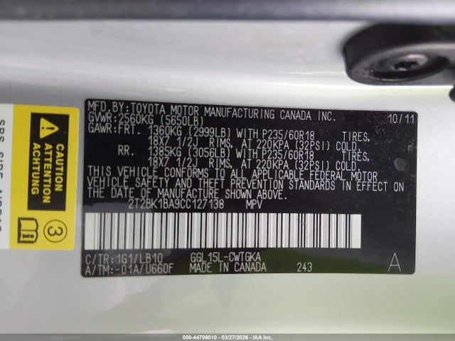 44706010 :رقم المزاد ، 2T2BK1BA9CC127138 vin ، 2012 Lexus Rx 350 مزاد بيع