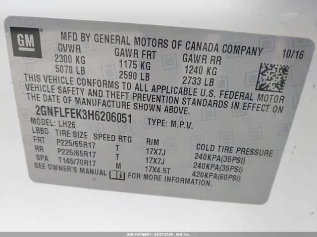 Продаж на аукціоні авто 2017 Chevrolet Equinox Lt, vin: 2GNFLFEK3H6206051, номер лоту: 44706031