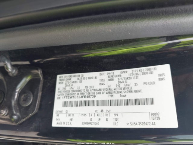 Aukcja sprzedaży 2018 Ford F-150 Lariat, vin: 1FTEW1E52JFE45739, numer aukcji: 44706037
